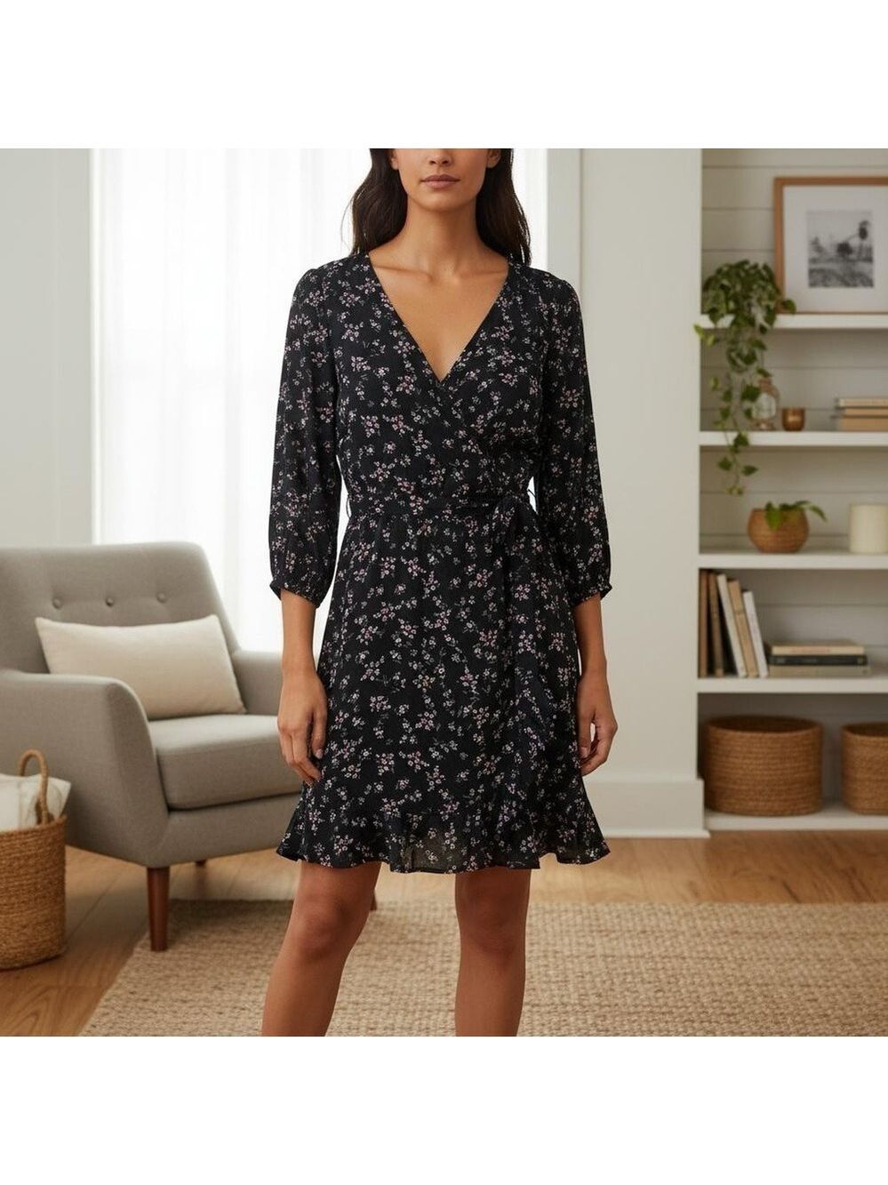 gap black floral midi dress medium nwt
